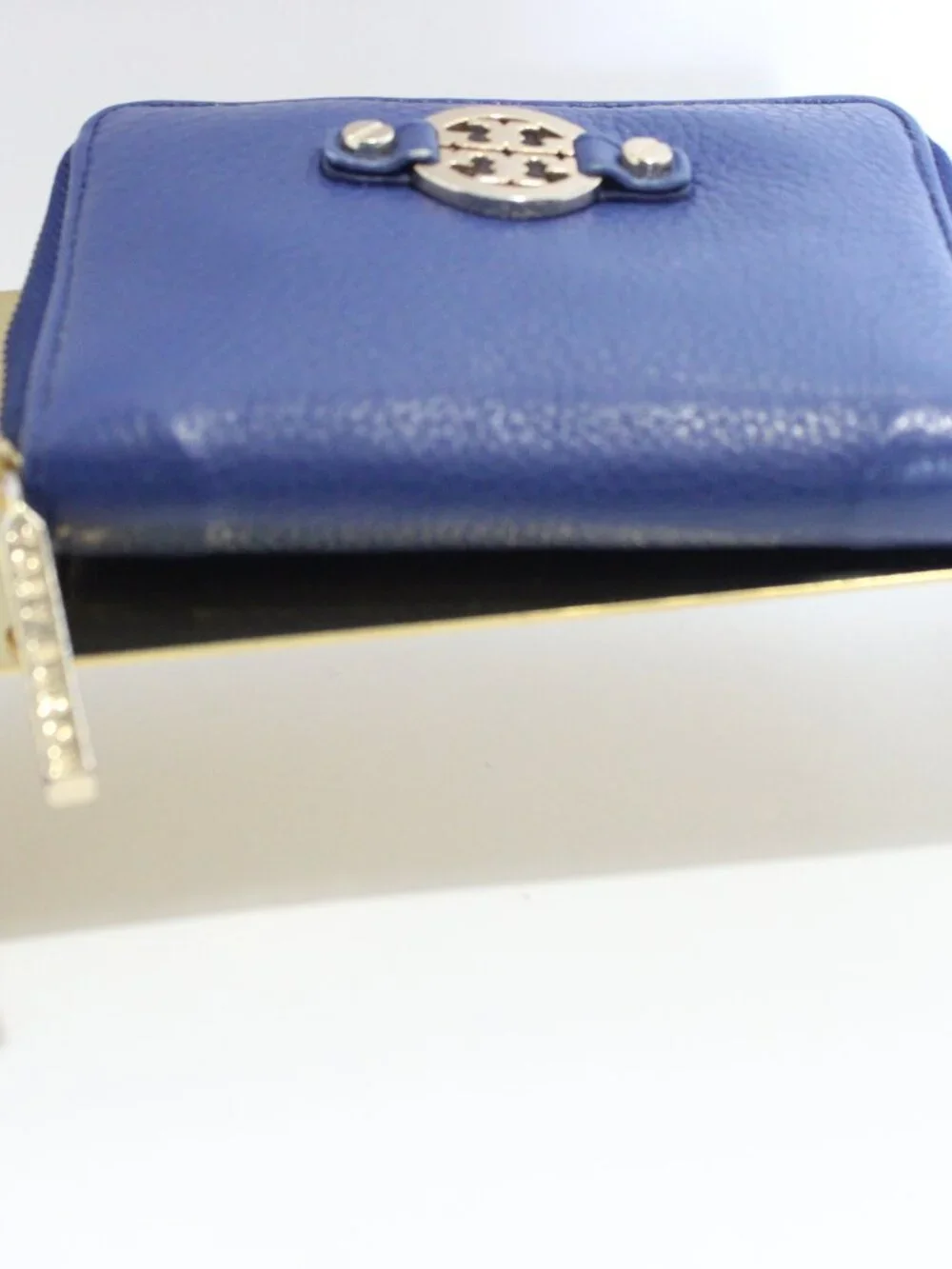 Tory Burch, Blue Pebbled Leather, small Wallet with Gold Hardware